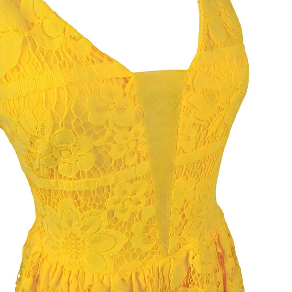 GB Yellow Lace Fit And Flare Mini Dress Size S Deep V Sleeveless Scalloped Hem - Picture 5 of 7